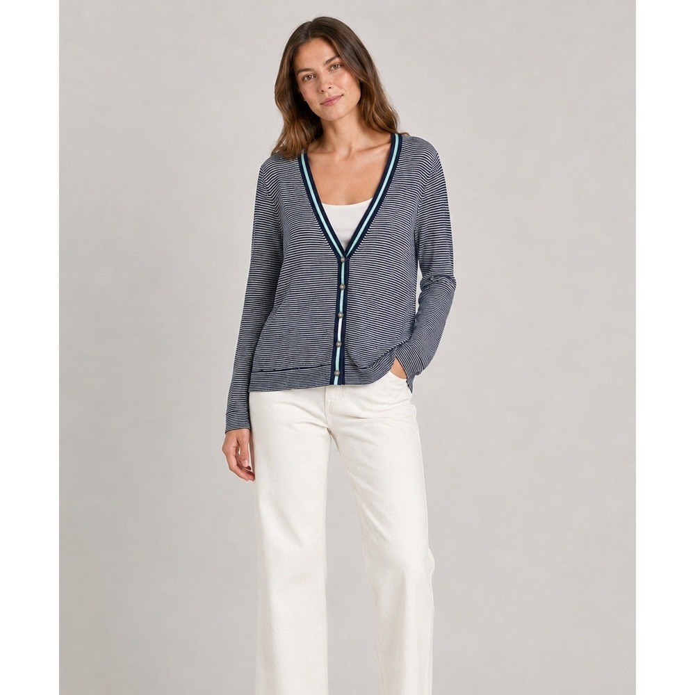 J Jill Cardigan Sweater Womens XS Blue White Striped Wool Blend V-Neck Softโ